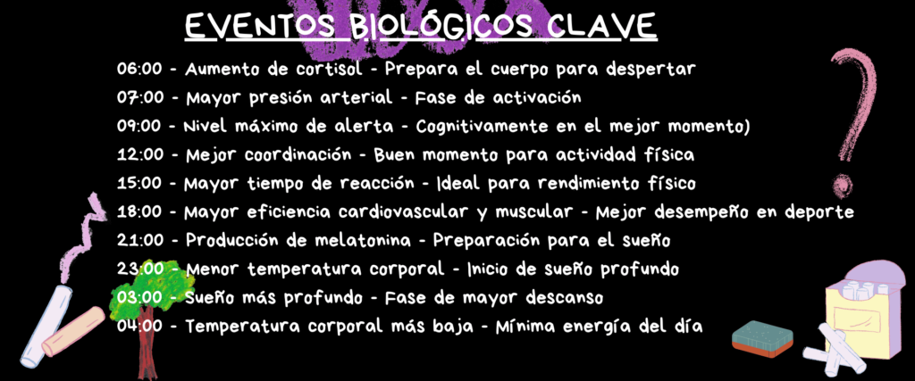 Ilustración educativa sobre los eventos biológicos clave del ciclo circadiano. La imagen muestra una lista de horas y sus correspondientes procesos fisiológicos, como el aumento de cortisol al despertar, el pico de alerta cognitiva en la mañana, la producción de melatonina en la noche y la fase de sueño profundo en la madrugada. Diseño con fondo negro y elementos gráficos coloridos estilo tiza.