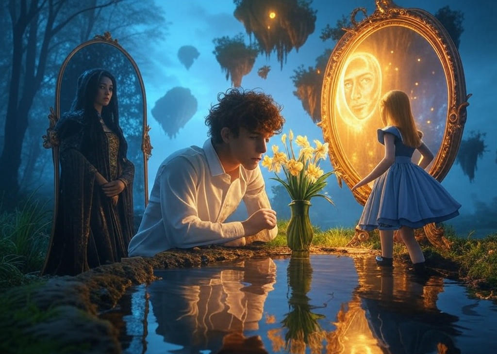 Narciso-Blancanieves-Alicia Ilustración simbólica de Narciso mirando su reflejo en el agua, la madrastra de Blancanieves frente a su espejo mágico, y Alicia atravesando un espejo brillante hacia un mundo de fantasía. Representación visual del espejo en los mitos y cuentos clásicos.