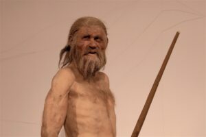Ötzi-museo-boldano Reconstrucción realista de Ötzi, el Hombre de Hielo, exhibida en el Museo de Bolzano. Basada en estudios científicos, esta representación muestra su apariencia estimada hace más de 5.000 años.