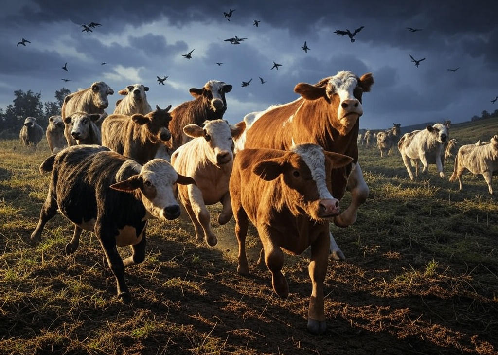 Vacas corriendo colina arriba, perros ladrando y bandadas de pájaros escapando del cielo, reaccionando ante una posible señal de desastre natural.