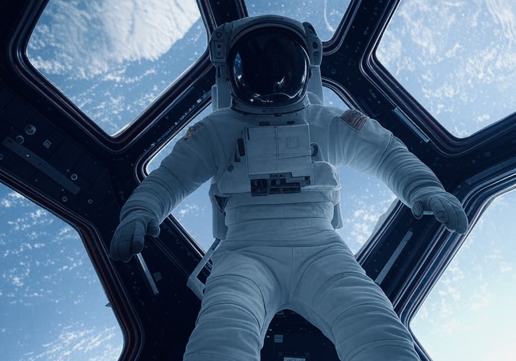 astronauta en una nave espacial. Se ve el universo desde las ventanas de la nave espacial.