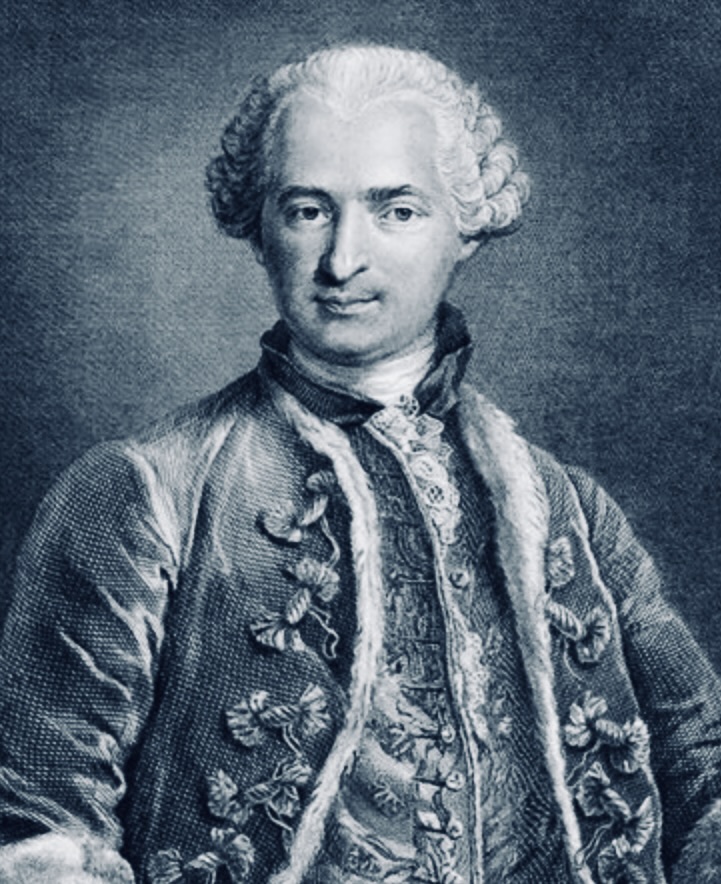 Retrato del Conde de Saint Germain, un aristócrata, alquimista y personaje misterioso del siglo XVIII, envuelto en leyendas sobre la inmortalidad y los viajes en el tiempo. La imagen lo muestra con vestimenta elegante y una expresión enigmática.