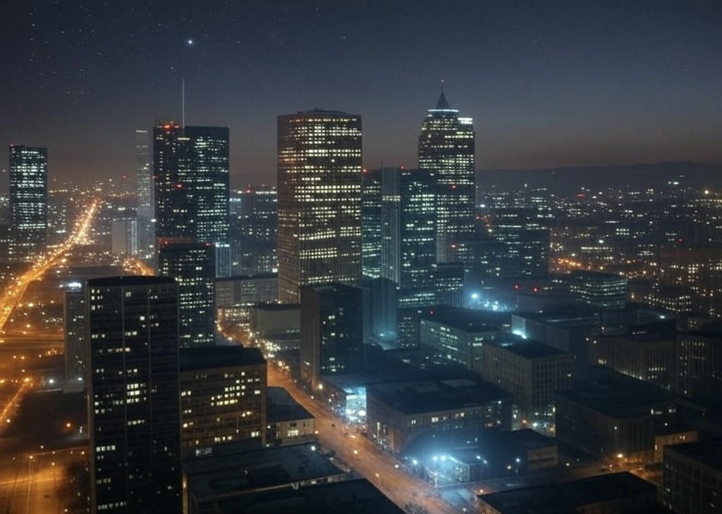Vista aérea de una ciudad de noche con un cielo anaranjado debido a la contaminación lumínica. Los rascacielos y calles están iluminados por luces artificiales, creando un resplandor que oculta las estrellas. Se observa el efecto del exceso de iluminación en la atmósfera, dificultando la visibilidad del cielo nocturno.