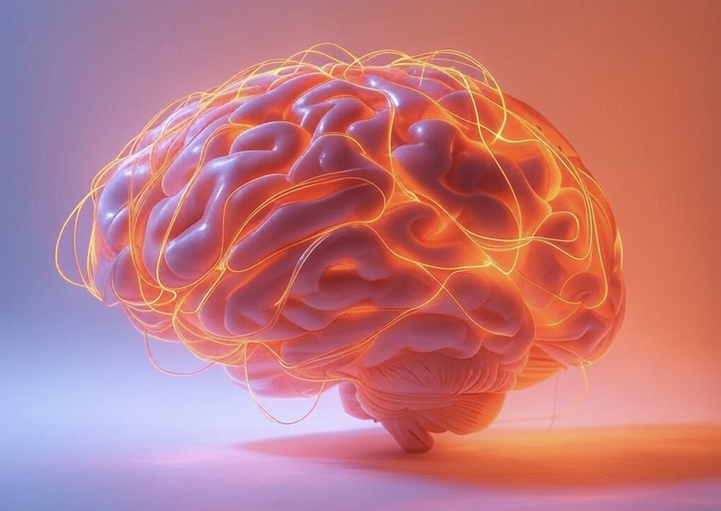 Representación artística de un cerebro humano iluminado con conexiones neuronales en tonos cálidos, simbolizando la actividad cerebral y la sinapsis neuronal.