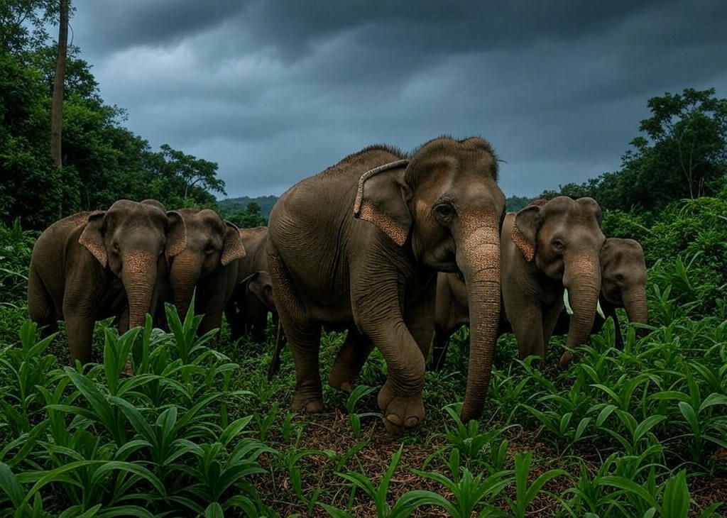 Grupo de elefantes caminando por la selva bajo un cielo oscuro y tormentoso, alertas ante un posible desastre natural. Ejemplo de cómo algunos animales reaccionan antes de fenómenos como tsunamis o terremotos.