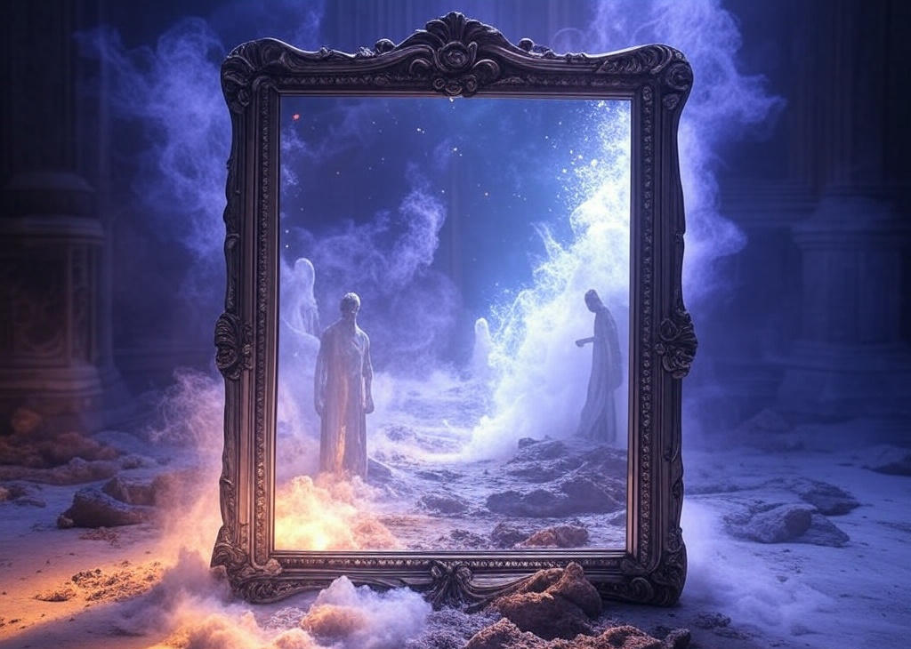 Representación artística de un espejo abierto como portal, con capas de realidad superpuestas. Ideal para ilustrar dimensiones alternativas y percepción especular.