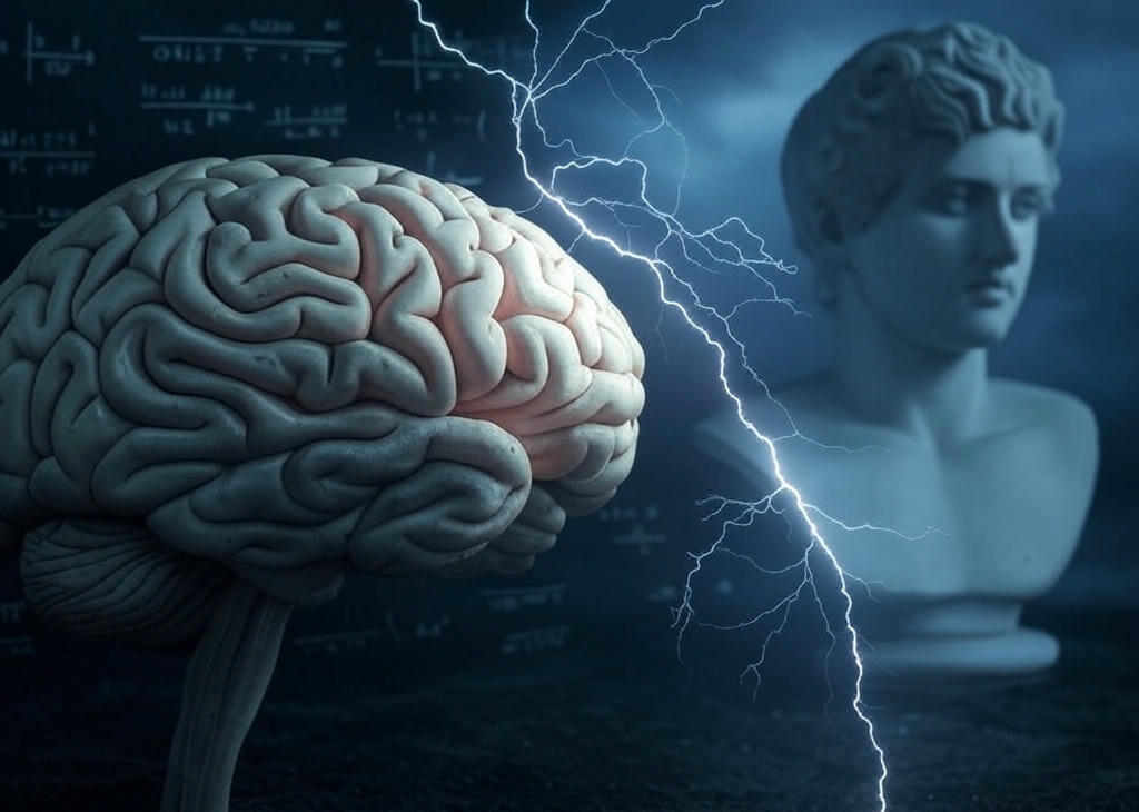 Collage surrealista con cerebro humano, fórmulas matemáticas, busto clásico griego y un rayo, simbolizando la conexión entre ciencia, mente e historia.