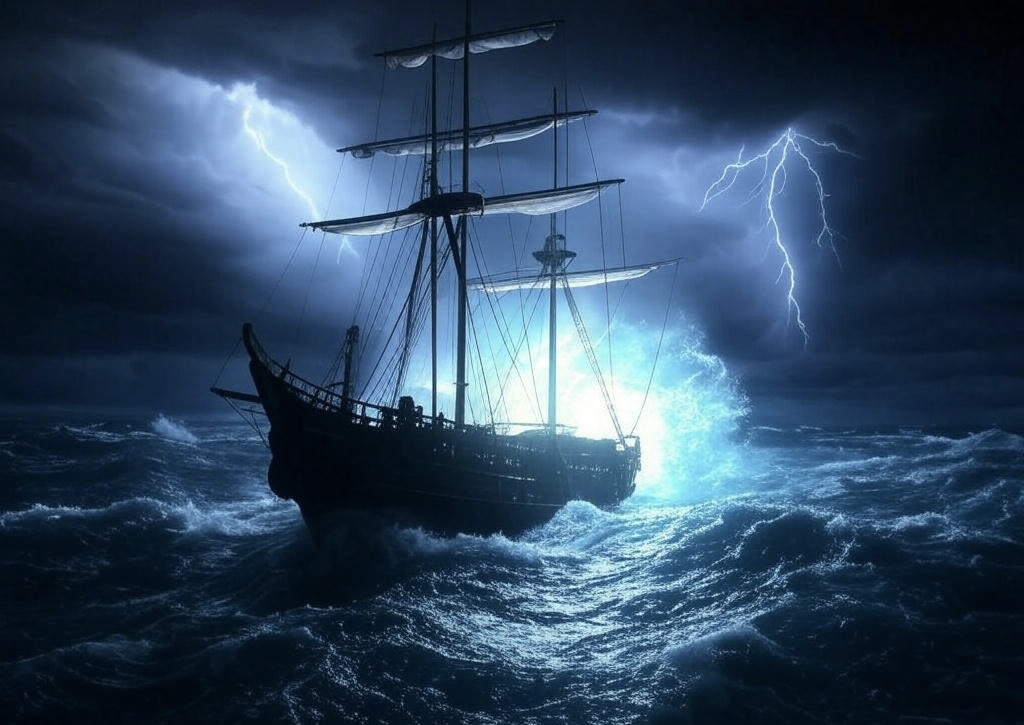 Misteriosa imagen de un barco antiguo atrapado en una tormenta en el Triángulo de las Bermudas. Relámpagos iluminan el cielo oscuro mientras un vórtice de luz azul envuelve la embarcación, sugiriendo una desaparición inexplicable. Representación artística del enigma de los barcos desaparecidos sin dejar rastro en esta zona legendaria del océano Atlántico.