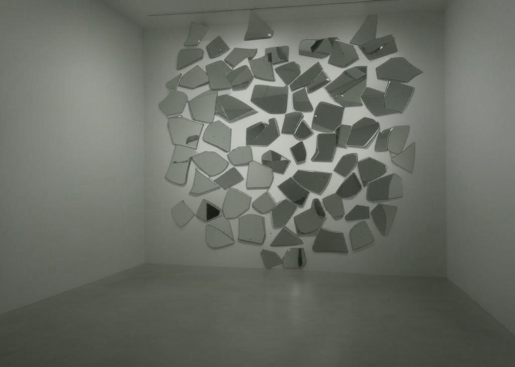 Instalación artística con múltiples espejos fragmentados, simbolizando identidad, dualidad y distorsión del yo.