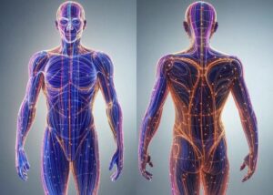 Ilustración anatómica del cuerpo humano mostrando los meridianos de la medicina china. La imagen destaca los canales energéticos (Qi) con líneas luminosas y puntos de acupuntura en todo el cuerpo, representando el flujo de energía vital utilizado en acupuntura y medicina tradicional china.