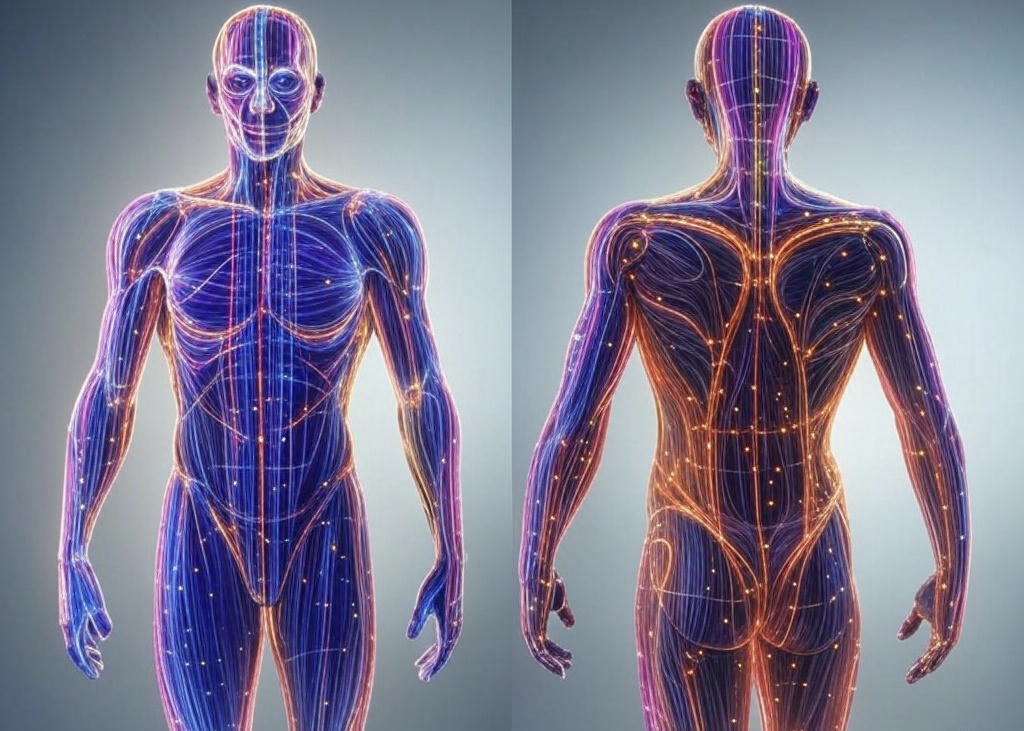 Ilustración anatómica del cuerpo humano mostrando los meridianos de la medicina china. La imagen destaca los canales energéticos (Qi) con líneas luminosas y puntos de acupuntura en todo el cuerpo, representando el flujo de energía vital utilizado en acupuntura y medicina tradicional china.