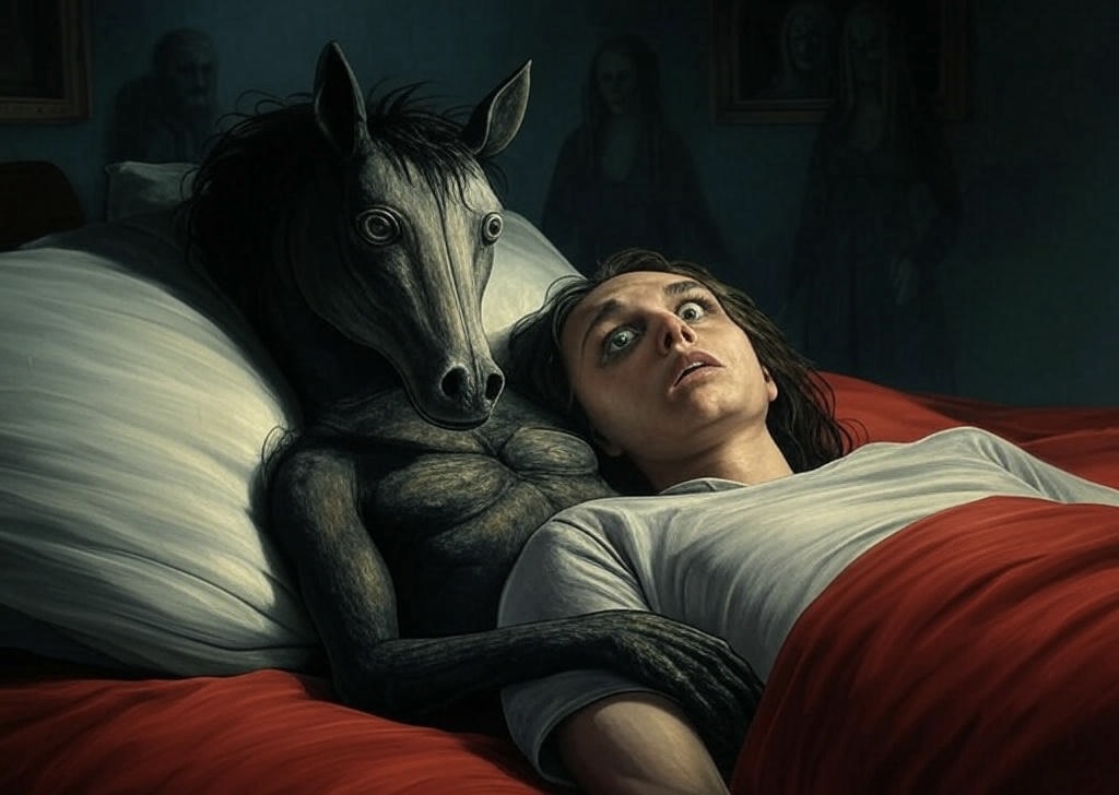 Ilustración surrealista de una persona experimentando parálisis del sueño. La figura yace en la cama, con los ojos abiertos y una expresión de terror mientras un ser oscuro con cuerpo humanoide y cabeza de caballo se recuesta junto a ella. La criatura tiene una mirada inquietante y una postura amenazante. En el fondo, sombras fantasmales y figuras siniestras observan desde la penumbra, creando una atmósfera de pesadilla. La iluminación tenue y los tonos oscuros refuerzan la sensación de angustia y opresión.