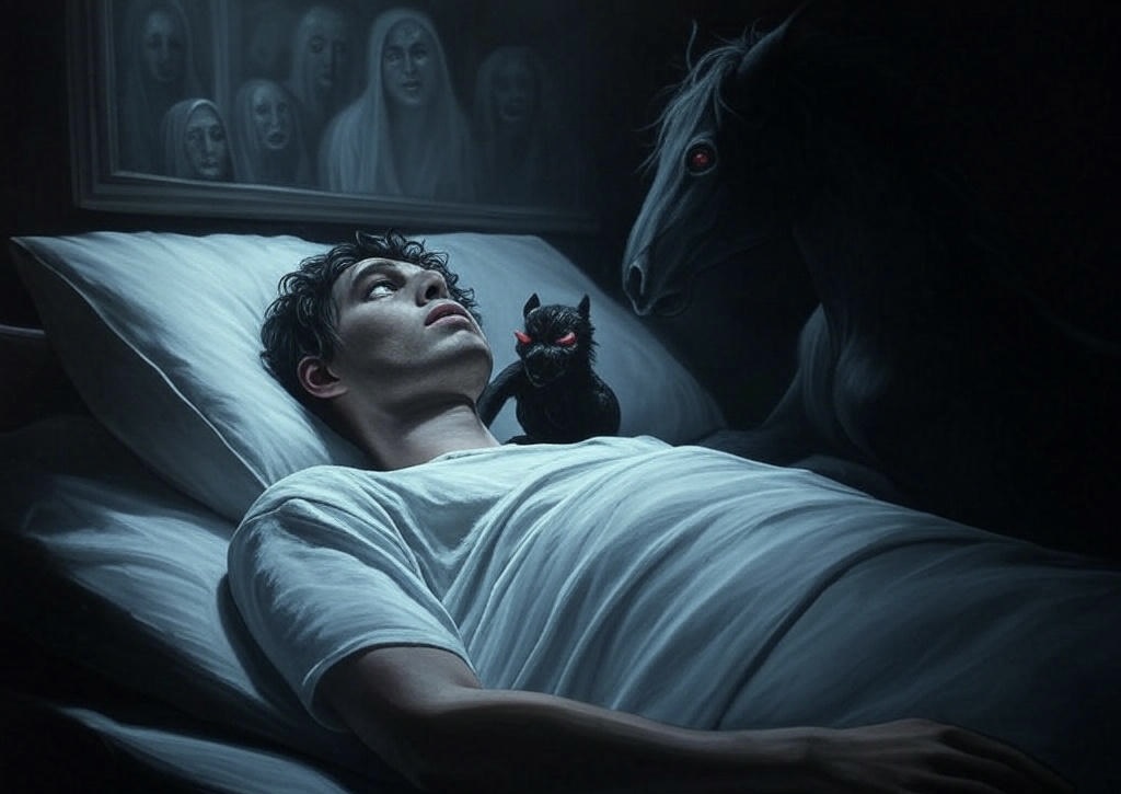 Ilustración de parálisis del sueño con alucinaciones, donde un hombre despierto pero inmovilizado observa una figura oscura con ojos rojos y un caballo negro en la penumbra. Representación visual del fenómeno conocido como alucinaciones hipnagógicas.