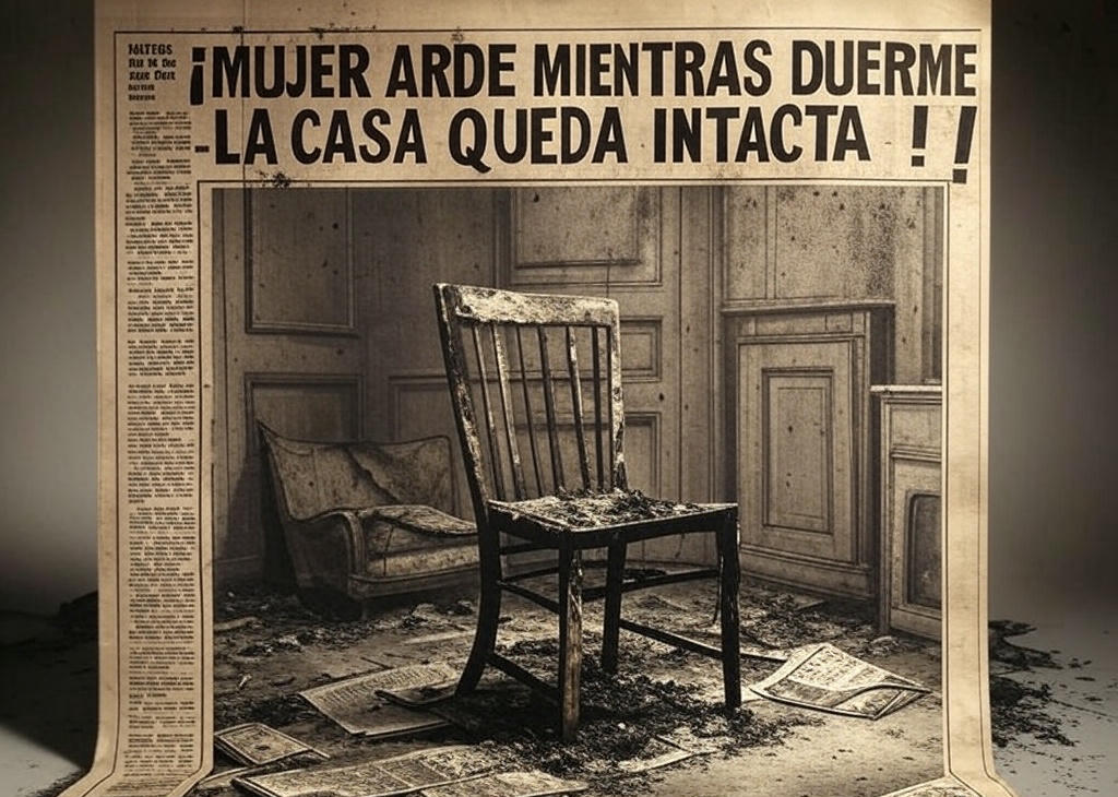 Recorte de periódico antiguo sobre un supuesto caso de combustión espontánea en humanos, con titular sensacionalista y silla calcinada en una habitación intacta.