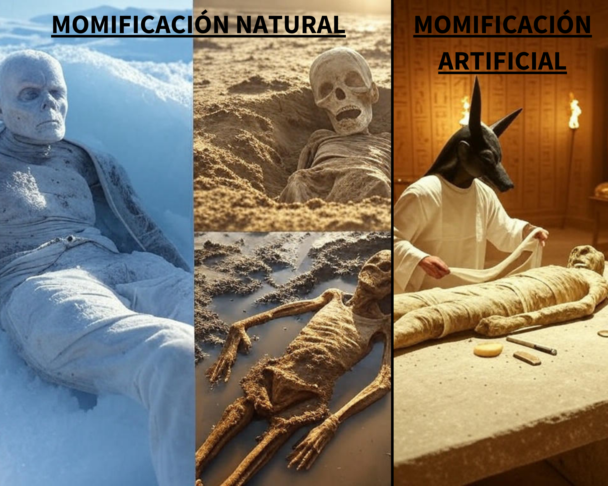 representacion-momificaciones Ejemplos visuales de momias según el tipo de momificación. En la imagen, en la parte izquierda se muestra una momia encontrada en el hielo, otra en el desierto y otra en agua. En la parte derecha una momia con el proceso de momificación artificial.