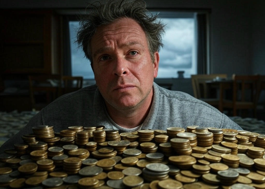 un hombre con cara incrédula mirando un puñado de monedas como símbolo de endeudarse por miedo a la pobreza. Representa el comportamiento de la sociedad con la economía.
