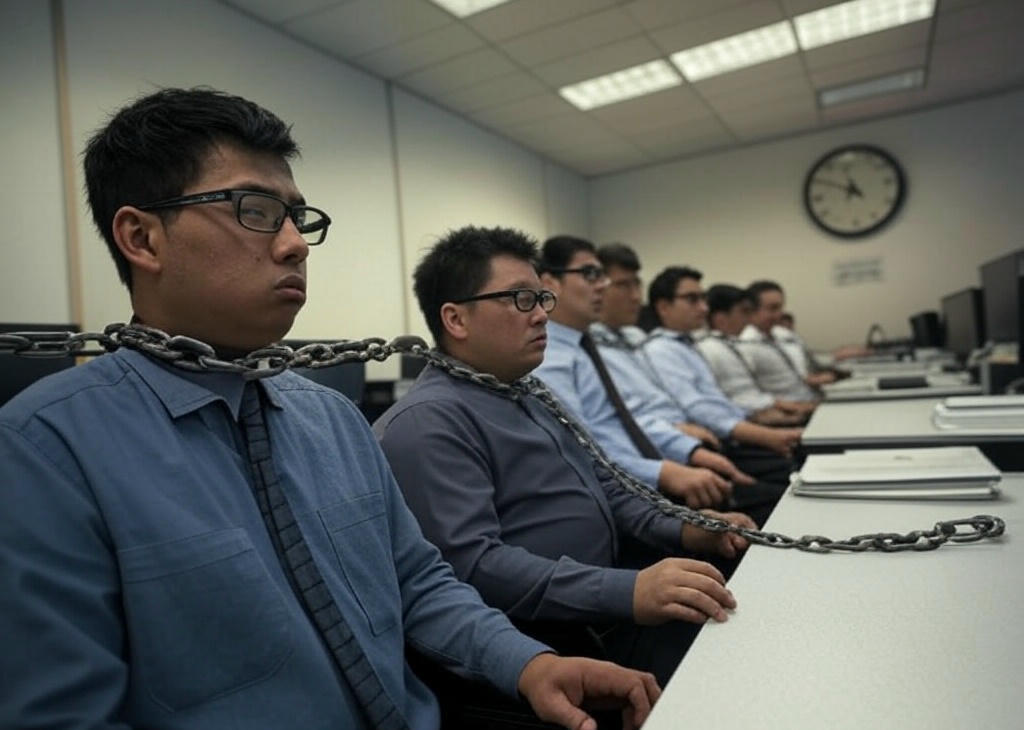 un grupo de personas en su puesto de trabajo representando ser esclavos del trabajo. Una crítica a la sociedad y economía.