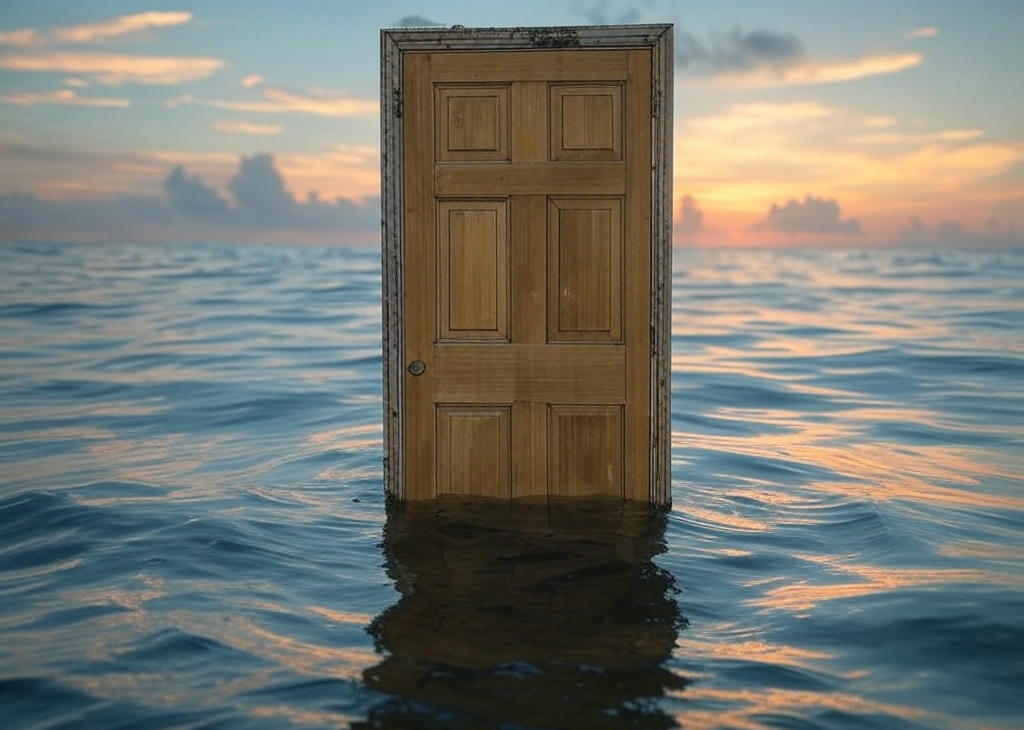Puerta abierta en un entorno surrealista, representando un hecho inesperado y simbólico.